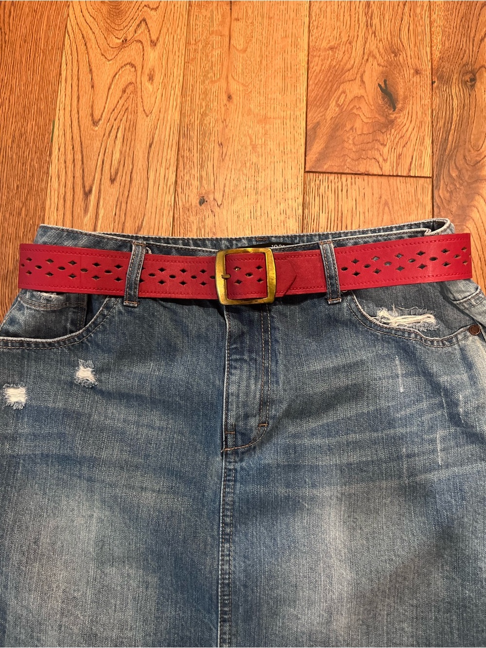 Red Laser-Cut Leather Belt with Brass Buckle